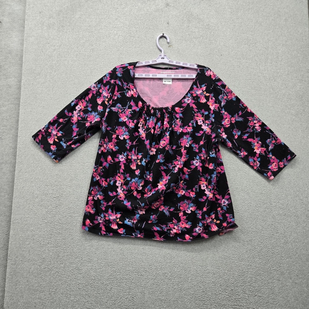 Just My Size Women Shirt 2X Black Floral Gathered Scoop Neck 3/4 Sleeve Casual